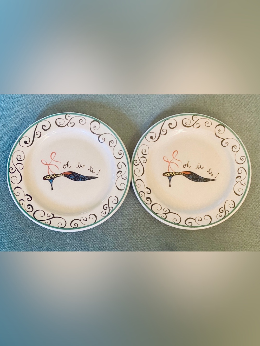 Vintage Rosanna Made In Italy 6” Appetizer Plates ‘Oh La La’ Teal Squirrel (2)